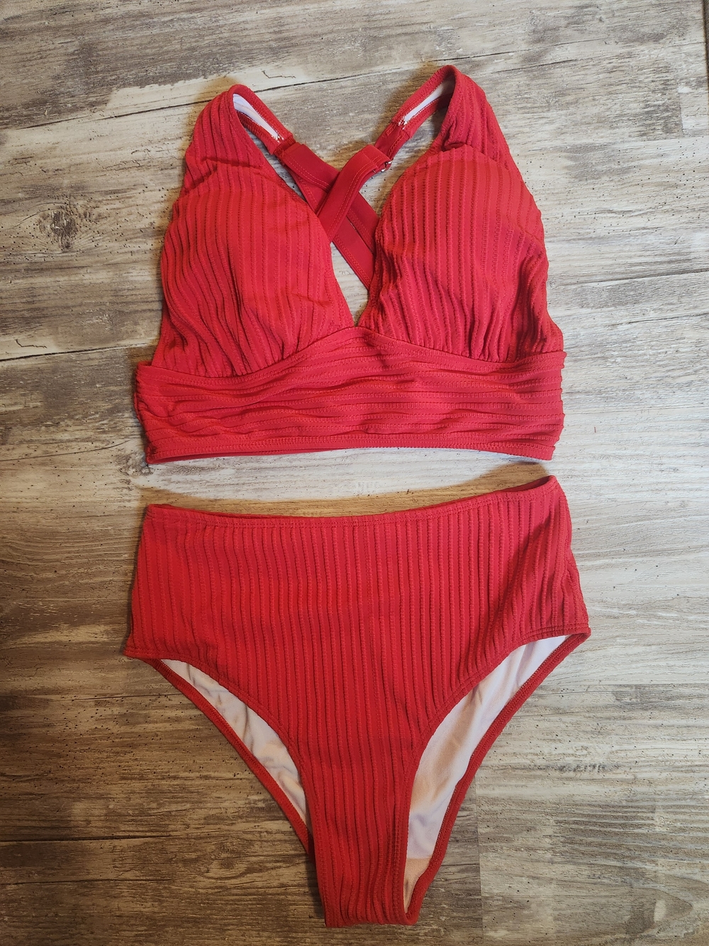 Ribbed Red High Waist Two-Piece Bikini Set